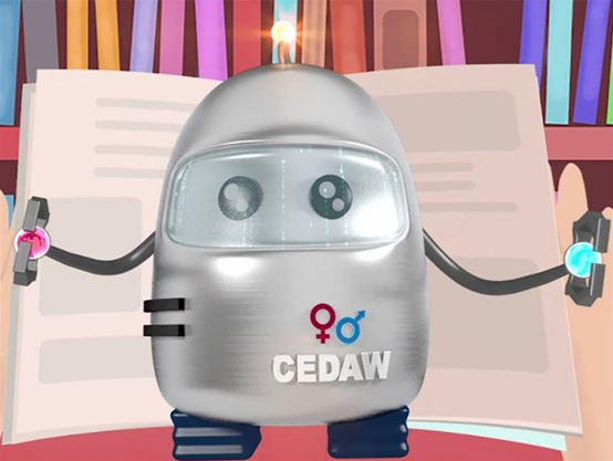 A silver CEDAW robot representing elimination of all forms of discrimination against Women
